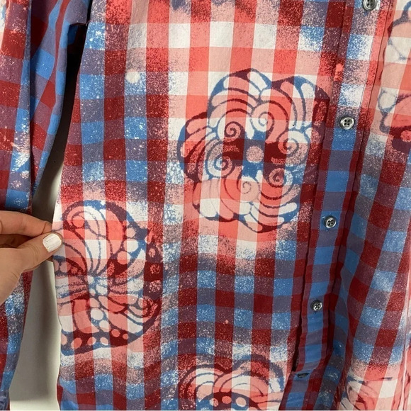 Reworked Boho Floral Bleached Plaid Button Down Shirt Womens Size Large Top Red - Picture 7 of 13